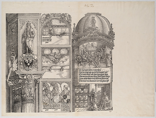 Albrecht Altdorfer, Tournaments and Masquerades; and Maximilian's Genealogical and Heraldic Studies; with a Statue of Albrecht the Lucky; and Portraits of Maximilian's Ancestors and Relatives,from the Arch of Honor, proof, dated 1515, printed 1517-18