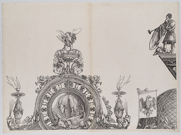 The Pinnacle of the Left Portal; and a Trumpeter and Standard from the Cupola of the Central Portal, from the Arch of Honor, proof, dated 1515, printed 1517-18