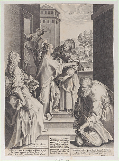 The Visitation, the Virgin and Saint Elizabeth embracing in the center, flanked by other figures, after Barocci by Philips Galle