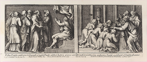 Two Biblical Scenes: Festus judging Saint Paul at left and Saint Paul Baptizing the Christians of Corinth at right, from a series of 15 plates depicting Raphael's works for the Vatican stanze and the Sistine Chapel tapestries