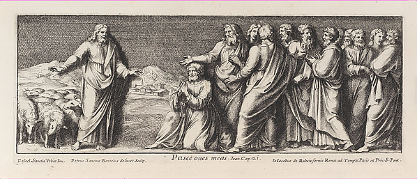 The naming of Saint Peter as Head of the Church, after Raphael's Stanza dell'incendio del Borgo, from a series of 15 plates, depicting Raphael's works for the Vatican stanze and the Sistine Chapel tapestries