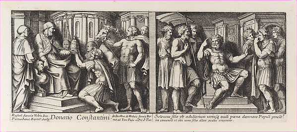 Two Biblical Scenes: Constantine donating the City of Rome to Pope Sylvester at left, after Raphael's Stanza di Eliodoro and The  Judgement of Seleucids at right, after Raphael's Stanza della Segnatura, from a series of 15 plates depicting Raphael's works for the Vatican stanze and the Sistine Chapel tapestries