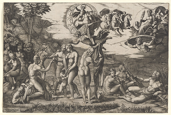 Marcantonio Raimondi, The Judgment of Paris: he is sitting at left with Venus, Juno and Pallas Athena, a winged victory above. In the upper section the Sun in his chariot preceeded by Castor and Pollux on horseback, at lower right two river gods and a naiad above whom Jupiter, an eagle, Ganymede, Diana and another goddess