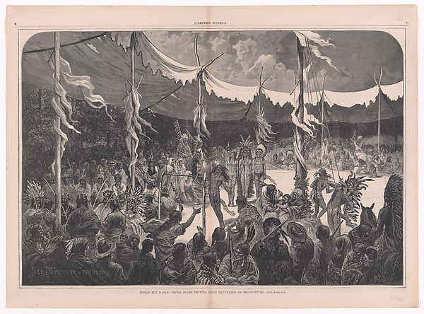 Indian Sun Dance–Young Bucks Proving Their Endurance by Self-Torture ("Harper's Weekly," Vol. XIX, pp. 8-9)