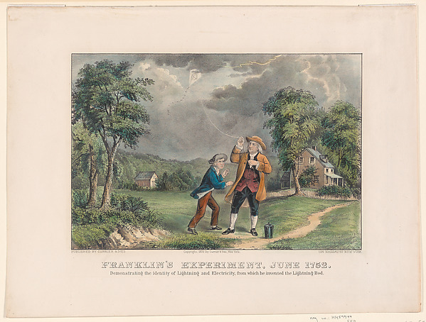 Franklin's Experiment, June 1752 – Demonstrating the identity of Lightning and Electricity, from which he invented the Lightning Rod