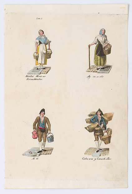 Plate 1: four street vendors from Madrid selling blueberries, onions, tea, and baskets, from 'Los Gritos de Madrid' (The Cries of Madrid)