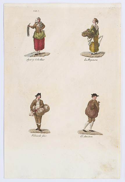 Plate 2: four street vendors from Madrid selling garlic and onions, cucumbers, fine crockery, oil, from 'Los Gritos de Madrid' (The Cries of Madrid)
