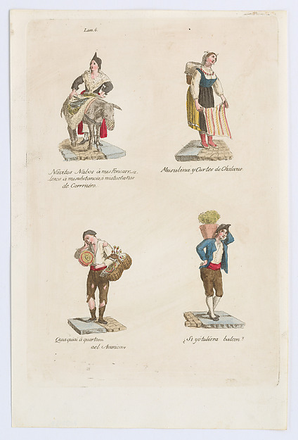 Plate 6: four street vendors from Madrid selling navitos, muslin, fans, plants, from 'Los Gritos de Madrid' (The Cries of Madrid)