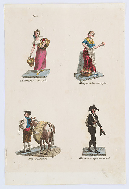 Plate 8: four street vendors from Madrid selling lemons, oranges, pigeons, and shoes, from 'Los Gritos de Madrid' (The Cries of Madrid)