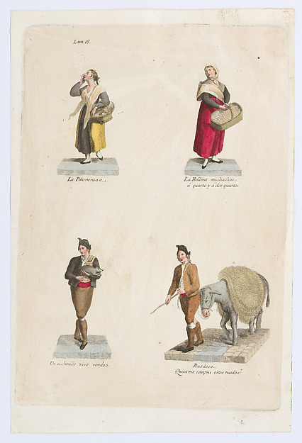 Plate 18: four street vendors from Madrid selling food, a pig etc, from 'Los Gritos de Madrid' (The Cries of Madrid)