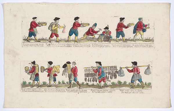 Plate 2 depicting the trades of Rome, here including vendors of fish, sieves, candles etc, from the 'Descrición de las artes que se llaman para los calles de la ciudad de Roma'