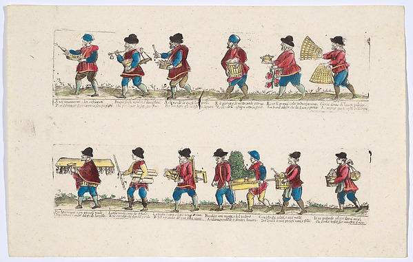 Plate 3 depicting the trades of Rome, here including vendors of flowers, chairs, basil etc, from the 'Descrición de las artes que se llaman para los calles de la ciudad de Roma'