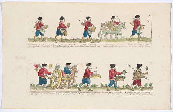 Plate 4 depicting the trades of Rome, here including vendors of shrimps, Spanish olives, herbs etc, from the 'Descrición de las artes que se llaman para los calles de la ciudad de Roma'