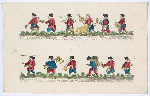 Plate 8 depicting the trades of Rome,here including vendors of coral, images, lemons etc., from the "Descrición de las artes que se llaman para los calles de la ciudad de Roma"