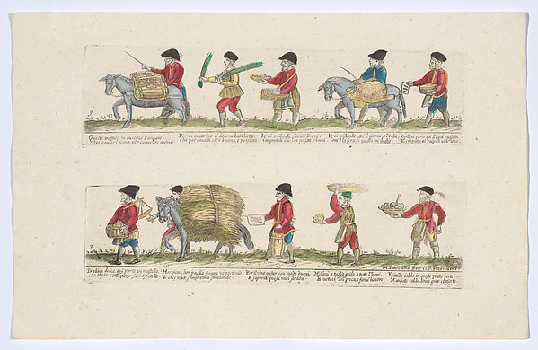 Plate 9 depicting the trades of Rome, here including vendors of water, sardines, melons etc, from the 'Descrición de las artes que se llaman para los calles de la ciudad de Roma'
