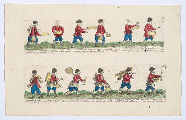 Plate 4 (second group) depicting the trades of Rome, here including vendors of mushrooms, strong oil, keys, candlesticks etc, from the 'Descrición de las artes que se llaman para los calles de la ciudad de Roma'