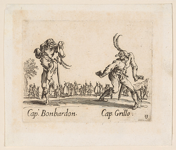 Capitano Bonbardon and Capitano Grillo, from Balli di Sfessania (Dance of Sfessania), plate 13