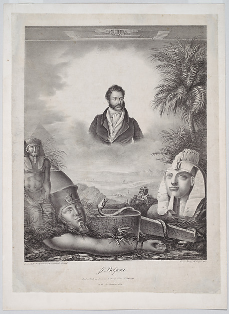 Portrait of Giovanni Baptista Belzoni, half-length, an Egyptian landscape below with pyramids and temples and statues including the head and arm of Amenhotep III