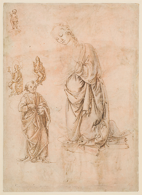 Sketches of Figures of the Virgin Kneeling, Saint Peter Standing, Seated Allegorical Figures of Faith and Charity, and Child Standing on a Corbel (?) (recto); Sketches of Figures of Saint Sebastian Standing and the Virgin and Child with Angels (verso) by Francesco di Simone Ferrucci