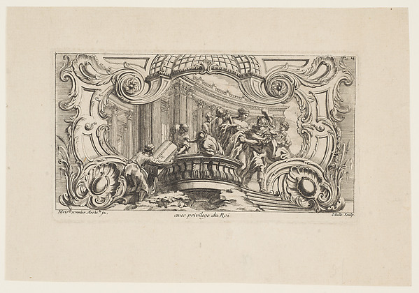 Rocaille Cartouche with the Abduction of Helen of Troy, from:  'Livre D'Ornemens Inventes & Dessines Par J. O. Meissonnier (....)'