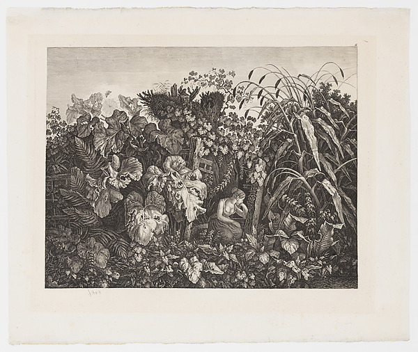 Melancholic woman seated amongst foliage (Trauerndes Mädchen im Kraut)