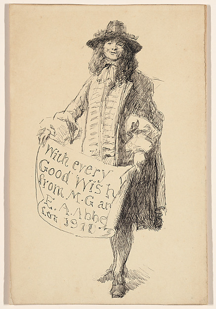 Man in seventeenth-century dress holding a scroll: With every Good Wish from M. G. and E. A. Abbey for 1911 by Edwin Austin Abbey, The Metropolitan Museum of Art