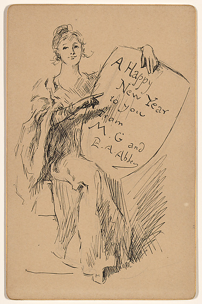 Seated Woman Holding a Shield: A Happy New Year to you from M. G. and E. A. Abbey