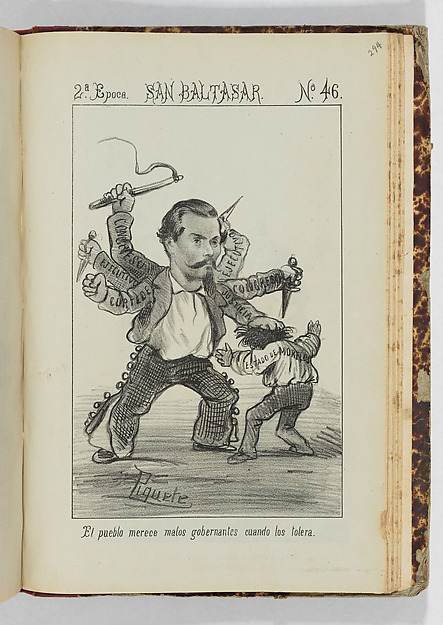 'People deserve bad political leaders when they tolerate them', caricature no. 46 from 'San Baltasar' (July 1873). A bound volume of caricatures and political satires from the Mexican newspapers 'La orquesta',  'El Padre Cobos', and 'San Baltasar: periódico chusco, amante de decir bromas y grocerias, afecto a las convivialidades, y con caricaturas' by Constantino Escalante, The Metropolitan Museum of Art