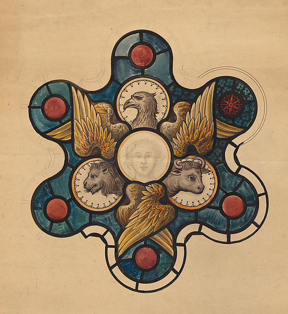 Design for Stained-Glass Window with Symbols of the Evangelists by Anonymous, British, 19th century, The Metropolitan Museum of Art
