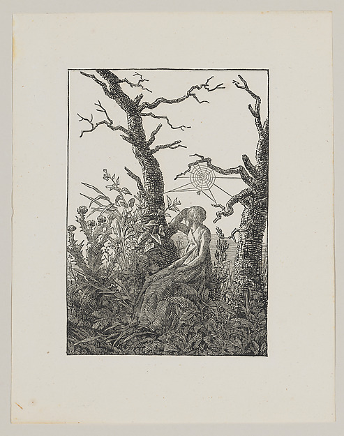 Seated Woman with a Spider's Web (Die Frau mit dem Spinnennnetz zwischen kahlen Baumen)