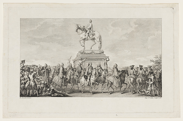 The Inauguration of the Statue of Louis XV, Vignette on page 1, from Description des Travaux qui ont précédé. accompagné et suivi la fonte en bronze d'un seul jet de la Statue Equèstre de Louis XV le bien-aimé dressée sur les mémoires de M. Lempereur ancien Echevin.  Par M. Mariette, Honoraire amateur de l'Académie Royale de Peinture et Sculpture, A Paris de l'Imprimerie de P.G. Le Mercier