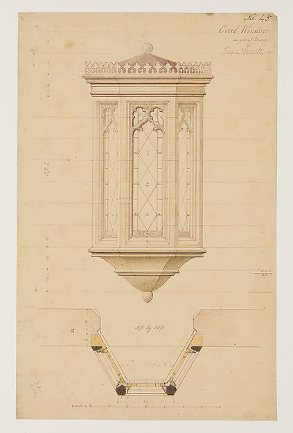Technical Drawing with the Elevation and Plan of an Oriel Window for the Tower of Lyndhurst for George Merritt, Tarrytown, New York by Alexander Jackson Davis, The Metropolitan Museum of Art