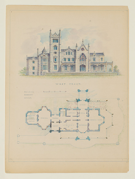 Floorplan and Elevation of the West Front of Lyndhurst, also known as Knoll (Tarrytown) by Alexander Jackson Davis, The Metropolitan Museum of Art
