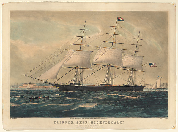 Clipper Ship "Nightingale" getting under weigh off the Battery, New York