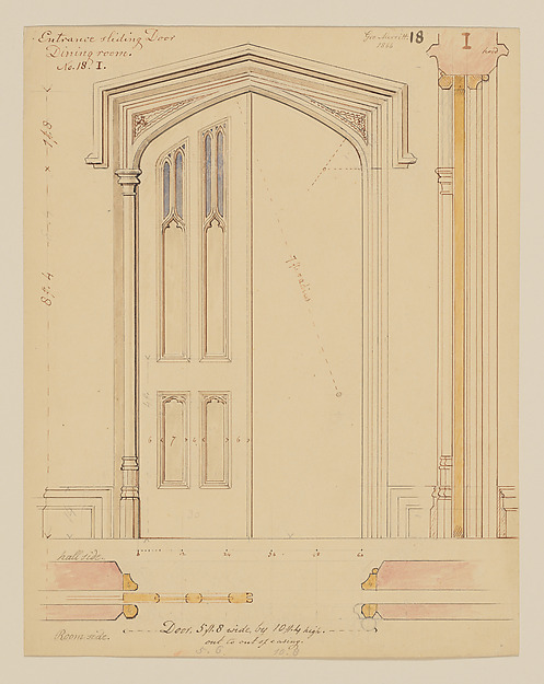 Technical Drawing of the Sliding Door for the Dining Room at Lyndhurst for George Merritt, Tarrytown, New York by Alexander Jackson Davis, The Metropolitan Museum of Art