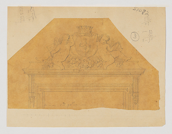 Design for an Overdoor with Two outward facing Putti flanking a Coat of Arms; sketches on verso by Jean-Baptiste Louis Plantar, The Metropolitan Museum of Art