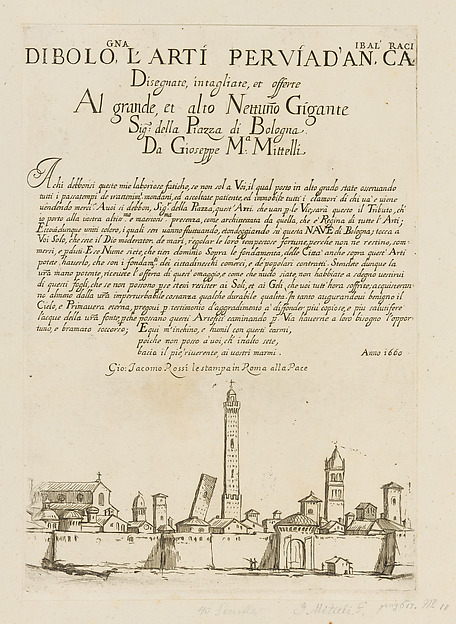Frontispiece depicting a View of Bologna, plate 1 from "Di Bologna l'Arti per via D'An.ibal' Ca.rac" by Giuseppe Maria Mitelli, The Metropolitan Museum of Art