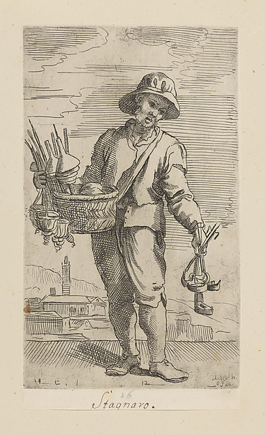 Plate 12: Vendor of lamp and funnels, from "Diverse Figure" (later known as "Arti di Bologna") by Simon Guillain II, The Metropolitan Museum of Art