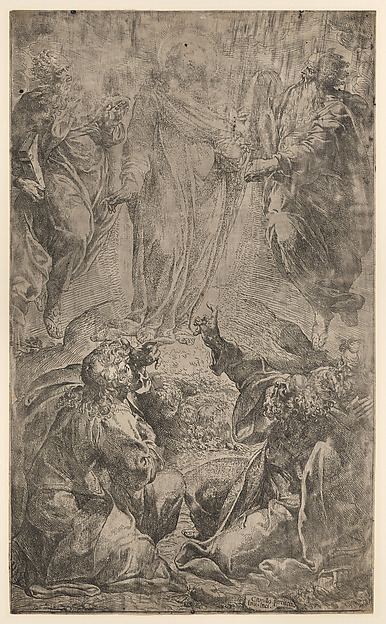The Transfiguration of Christ on Mount Tabor, with Moses and Elijah, three disciples below