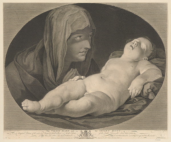 The Virgin in prayer, looking at the sleeping infant Christ, in an oval frame, after Reni by Simon Francis Ravenet, the elder