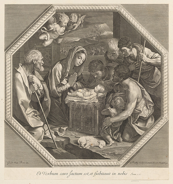 The adoration of the shepherds who kneel together at right before the infant Christ, the Virgin and Saint Joseph at left, two angels above, in an octagonal frame, after Reni by Francois de Poilly