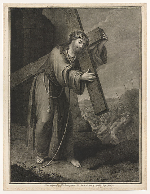 Christ carrying the cross, at right the two thieves on the road to Calvary, two crosses in the background, after Reni (?) by John Keyse Sherwin