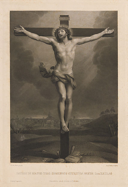 Christ on the cross, a town in the background, after Reni