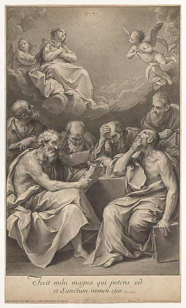 The doctors of the church consulting books and documents and contemplating the Virgin who is shown above in heaven, flanked by angels by Johann Jakob Frey the Elder