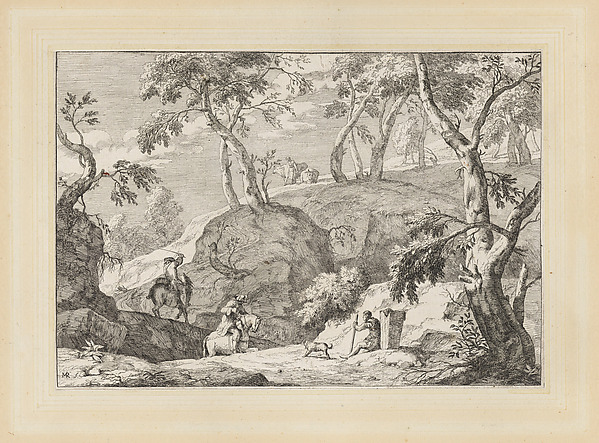 Mountain landscape with men on horseback and a seated man with a dog