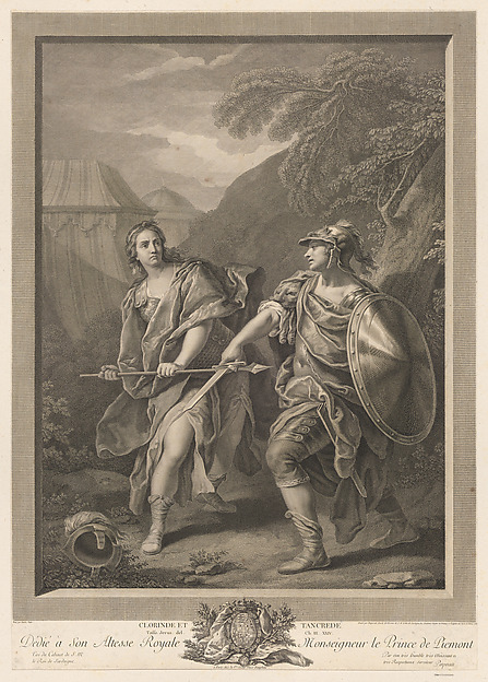 Clorinda attacking Tancred with a spear, Tancred blocking her with his sword