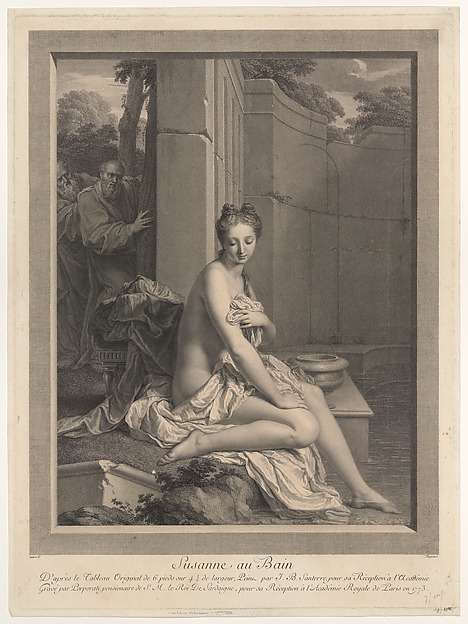 Susanna at the bath, the elders peering behind her at left