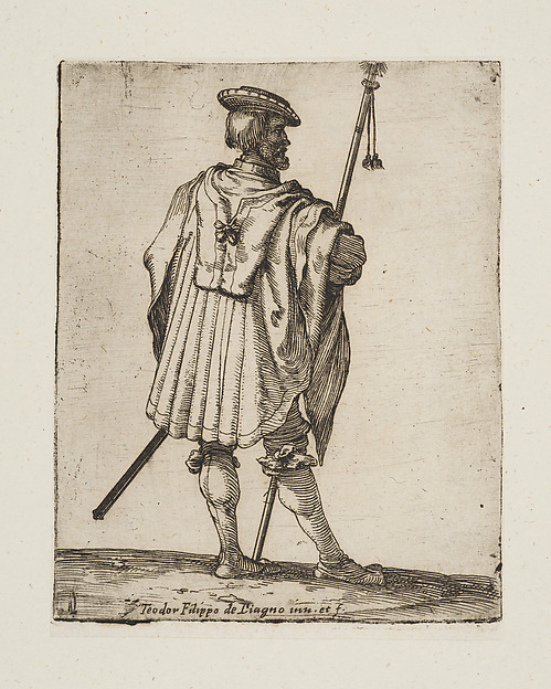 Soldier standing holding a staff and viewed from behind, from the series 'Capricci e habiti militari' by Filippo Liagno, The Metropolitan Museum of Art