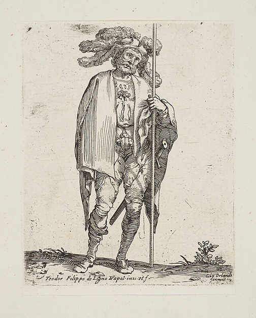 Standing solider wearing a feathered hat and holding a lance, from the series 'Capricci e habiti militari' by Filippo Liagno, The Metropolitan Museum of Art