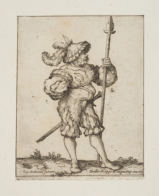 Standing soldier holding a lance facing right, from the series 'Capricci e habiti militari' by Filippo Liagno, The Metropolitan Museum of Art